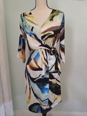 Paz Torras Abstract Watercolor Print Wrap Dress with Ring Detail Multicolor 38 6